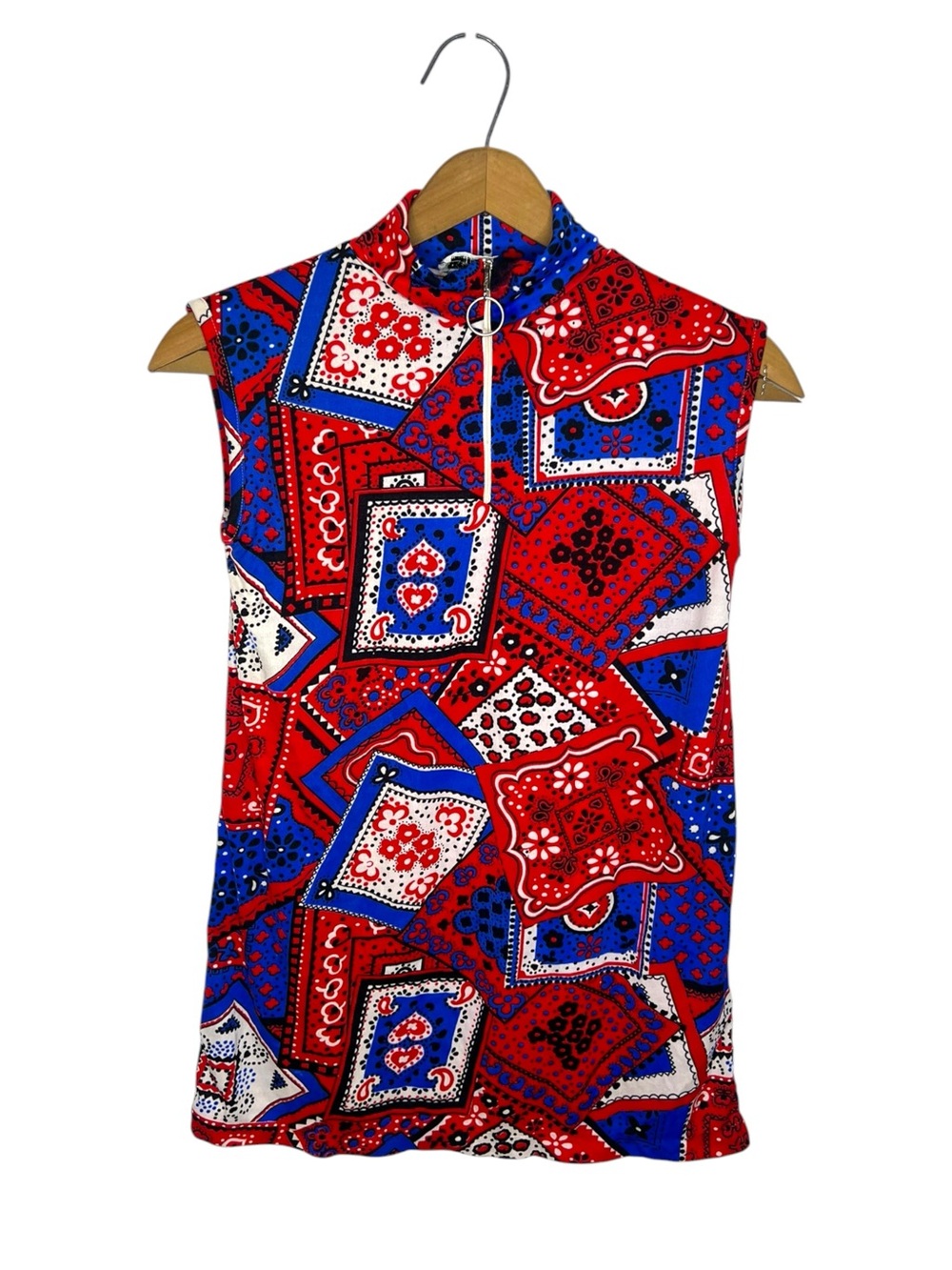 Vintage 1970s Bandana Patchwork Tunic Top Mod Patriotic Red White Blue Medium - Picture 2 of 10